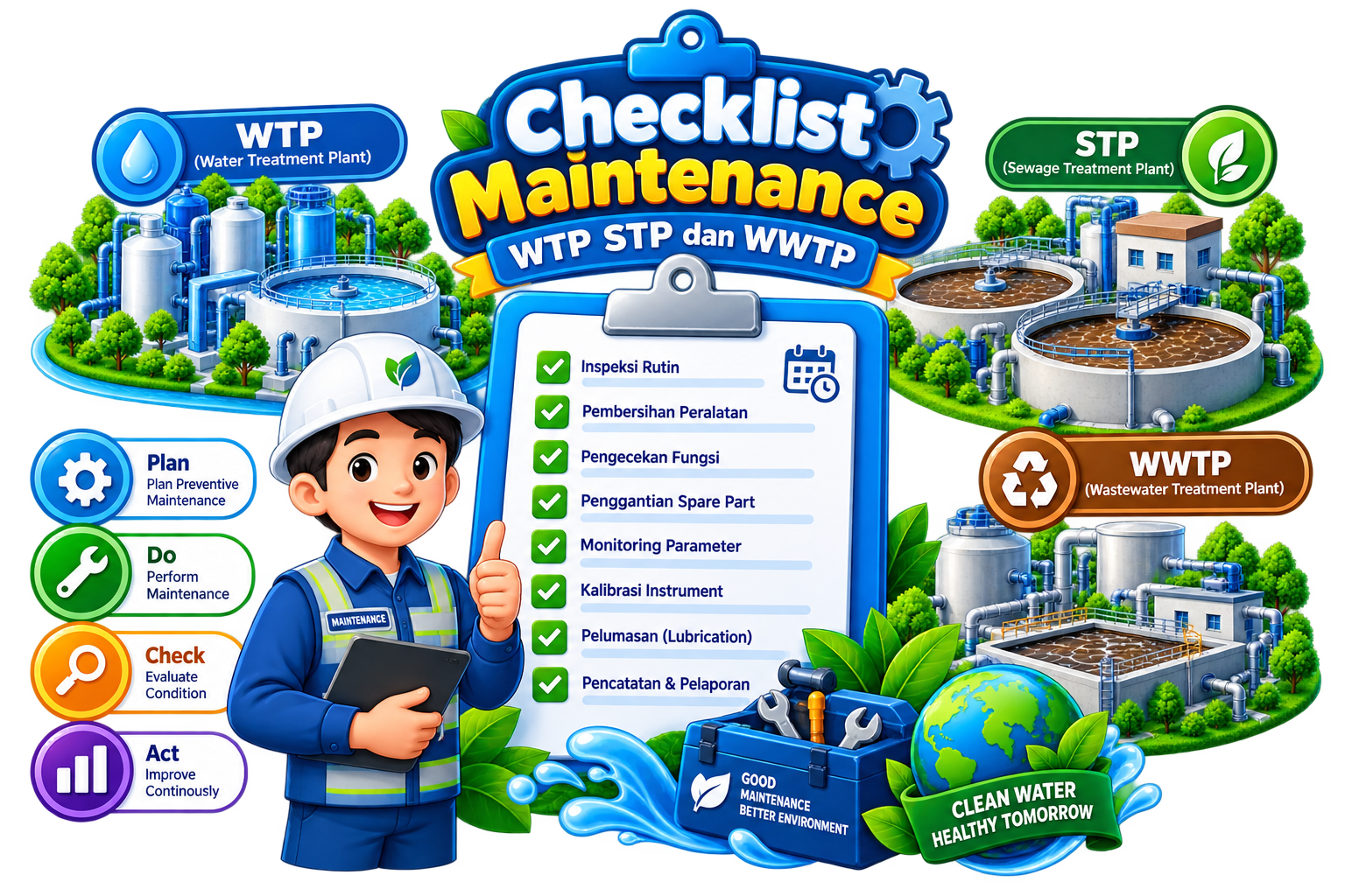 Teknisi melakukan maintenance sistem WTP STP dan WWTP
